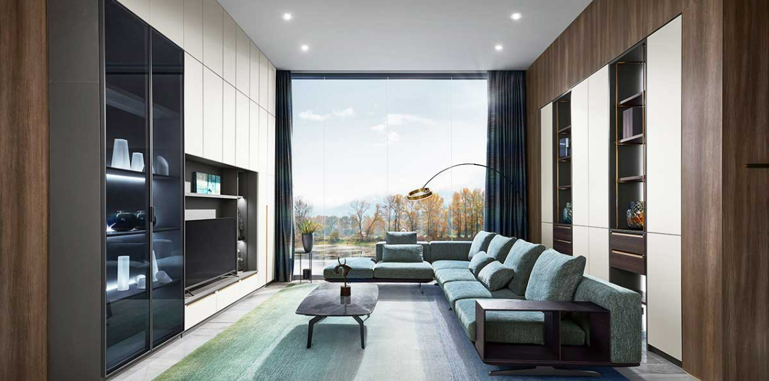 Modern living room with wooden and white facades