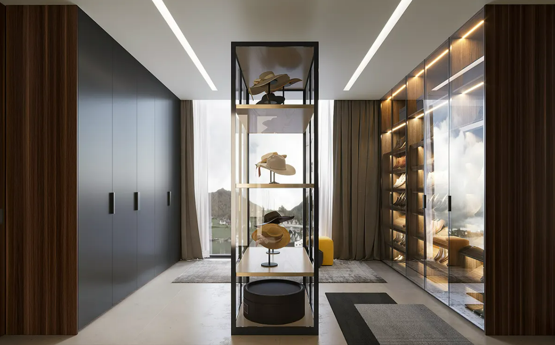 Modern luxury cabinet in dark grey and dark wood