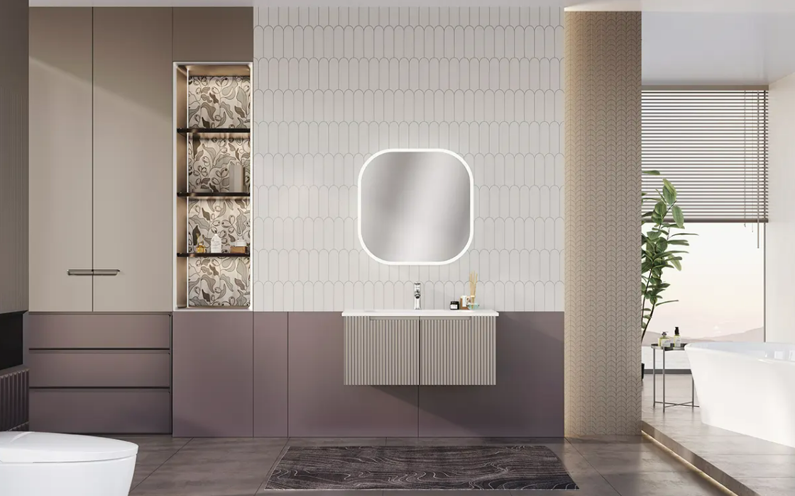 Modern hanging cabinet under the sink with LED mirror